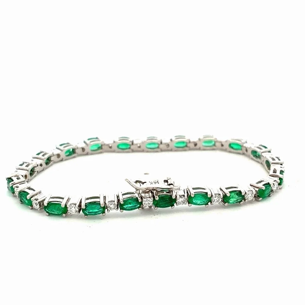 Estate 14K White Gold Oval Emerald Round Diamond Statement Tennis Bracelet
